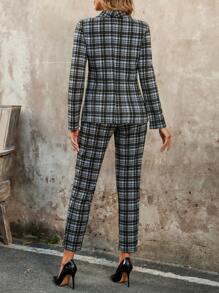 EMERY ROSE Women's Plaid Print Long Sleeve Blazer And Trouser Suit Set - Navy Blue - View 2