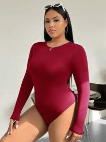 SHEIN EZwear Plus Size Solid Color Round Neck Long Sleeve Minimalist Fitted Bodysuit