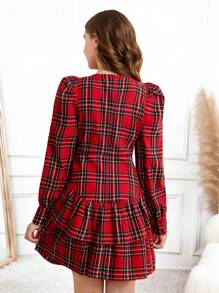SHEIN Vestido de burbuja a cuadros rojos vintage para adolescentes, ideal para Navidad, Acción de Gracias, días festivos, retro, a cuadros, fiesta, rojo, invierno, otoño, Nochevieja - Rojo - Ver 2