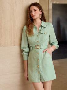 PREMIUM VESTIDO CORTO CASUAL DE LINO CON BOLSILLOS ESTILO CARGO Y CINTURÓN - Verde - Ver 4