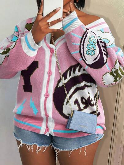 Slaydiva Loose V-Neck Long Sleeve Olive Ball Sports Graphic Knitted Cardigan, Casual Everyday Wear, Plus Size, Autumn/Winter Fall