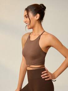 Seamluxe SHEIN Sport Women's Solid Color Round Neck Sleeveless Slim Fit Yoga Ribbed Sports Tank Top