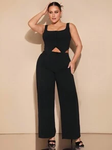 SHEIN BAE Traje de dos piezas de talla grande para mujer con chaleco negro con botones, con abertura lateral y pantalón de pierna ancha. Adecuado para citas, ocasiones formales, atuendos de viaje, Carnaval de Brasil, atuendos de Pascua, atuendos de festival rave, tops cortos, atuendos de San Valentín, conjuntos de San Valentín, conjuntos de mujeres para brunch, sexy, citas, fiestas, atuendos negros, conjuntos de verano para mujer, conjuntos de dos piezas de primavera/verano, atuendos de despedida de soltera, atuendos de oficina para mujer, atuendos de primavera para mujer
