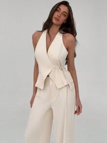 Aloruh New Simple Solid Color Apricot Sleeveless Neck Halter Waist Vest And Straight Leg Pants 2 Pieces Set, Suitable For Office Commute And Outdoor Wear - White - View 5