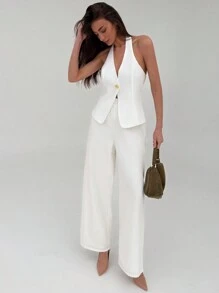 Aloruh 2pcs Set Elegant Office Wear Solid Color White Metallic Button Decor Cardigan And Straight Leg Pants, Versatile Outfit - White - View 5