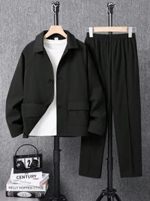 2 pièces/Set Veste de costume et pantalon pour garçon pré-ado, tenue de gentleman, style décontracté. Convient pour l'automne, le printemps et l'hiver. Adapté pour le jeu extérieur, l'école, les sorties et les loisirs. Excellent rapport qualité-prix - Noir - Voir 1