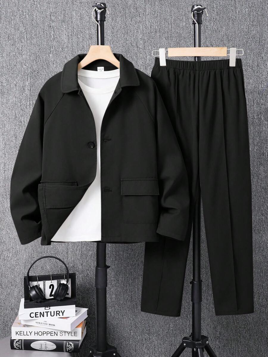2 pièces/Set Veste de costume et pantalon pour garçon pré-ado, tenue de gentleman, style décontracté. Convient pour l'automne, le printemps et l'hiver. Adapté pour le jeu extérieur, l'école, les sorties et les loisirs. Excellent rapport qualité-prix - Noir - Voir 1