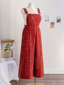 Soleia 大码女式节日秋冬红棕色灯芯绒刺绣雏菊宽松吊带裤