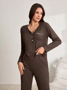 Lazeform Women Fleeced Letter Print Long Sleeve Top And Pants Loungewear Set