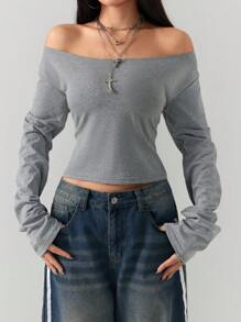 Coolane Camiseta básica de manga larga gris con hombros descubiertos para mujer, estilo primavera/verano Y2K