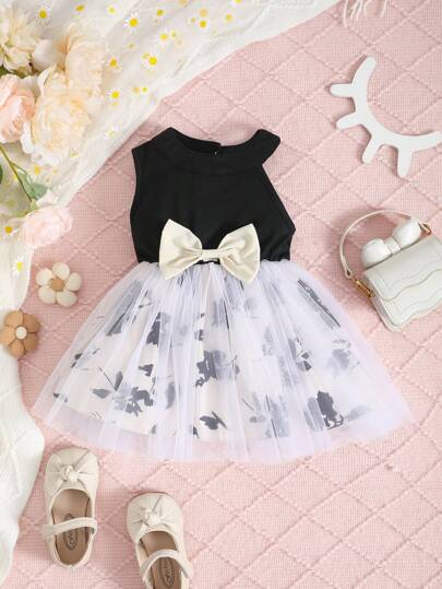 SHEIN Baby Girl Spring Summer Autumn Knit Pattern Asymmetric Open Shoulder Strap Design Mesh Dress, With Good Moisture Absorption And Elasticity, High-End Fashion Feeling, Exquisite Floral Pattern Design, Mesh Decor, Asymmetric Open Shoulder Strap Design, Versatile All-Match For Casual Occasions