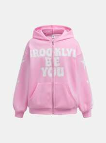SHEIN Sudadera con capucha casual holgada con gráfico de letras para niña preadolescente
