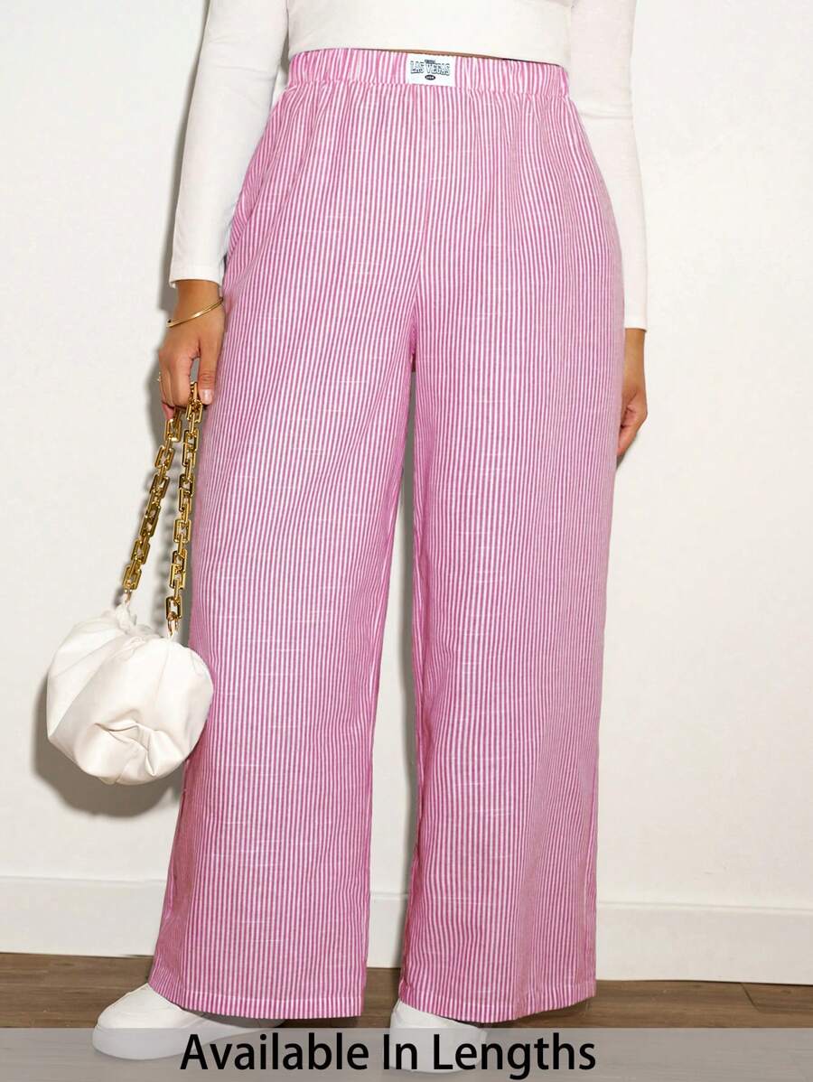 SHEIN Tall CURVE Pantalones de mujer talla grande con estampado de rayas azul tejido - Rosa - Ver 1