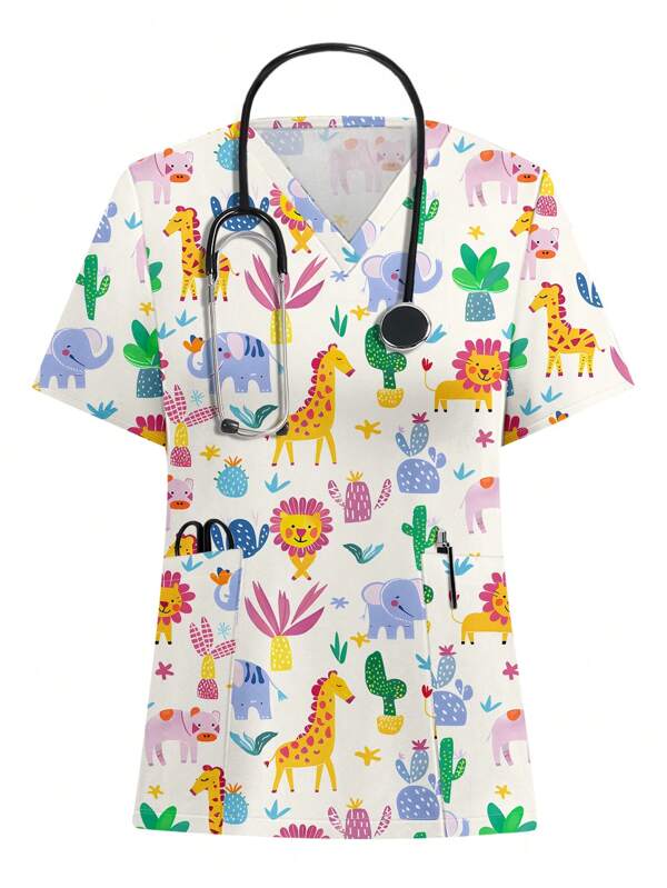 PopScrub Femei, cu decolteu în V, mânecă scurtă, cu buzunar dublu, drăguț Animal, girafă, leu, elefant, porc, cactus, imprimeu desen animat, uniformă de scrub pentru asistentă.