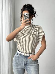 Selianne Áo sơ mi sọc tay ngắn cổ lọ thanh lịch cho nữ, thiết kế xếp ly, đồ bảo hộ lao động, tối giản - Màu be - Xem 3