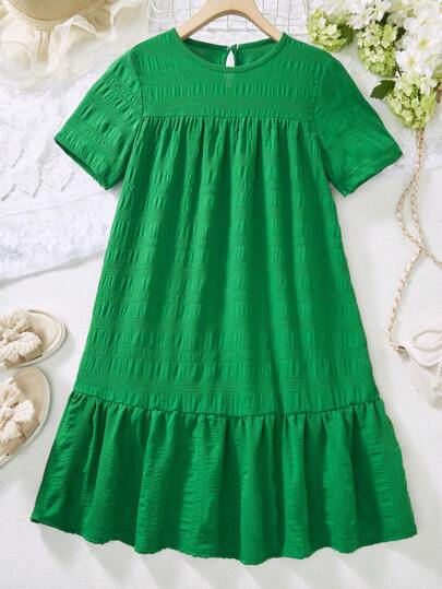 Tween Girl 粉色纹理面料舒适休闲宽松度假连衣裙