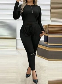 SHEIN Unity Plus Size Casual Zip-Up T-Shirt And Leggings 2 Pieces Set Fall Cloth For Women - Black - View 3