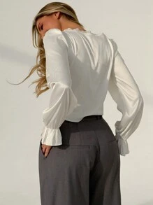 Aloruh Women's White Deep V-Neck Puff Sleeve Lace Patchwork Pleated Waist Long Sleeve Satin Blouse - White - View 2