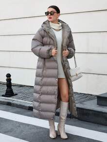 EURMUSE PLUS SIZE Damski płaszcz zimowy z kapturem i zapięciem na zatrzaski, ocieplany, długi, puchowy