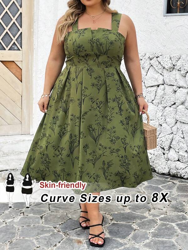 SHEIN CURVE+ Rochie lungă cu imprimeu floral de primăvară/vară pentru femei (cu spate elastic) Boho Vacation