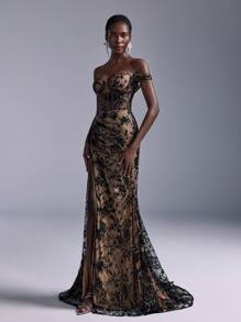 Elitara 优雅奢华露肩黑色撞色蕾丝亮片褶饰高开衩鱼尾长裙，适合婚礼、派对、舞会、活动、宴会、婚礼宾客礼服、正式礼服、晚礼服、长袍 - 黑色 - 查看 6