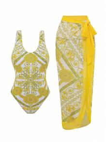 Swim Oasis 2pcs/Set Summer Beach Outfit Floral Print Backless Swimsuit With Wrap Skirt - Yellow - View 3
