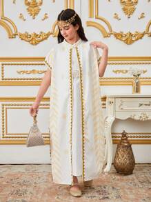 Tween Girls Metallic Edge Pattern Stand Collar Jacket & White Dress With Metallic Edge Belt, 2 Pieces Set - White - View 5