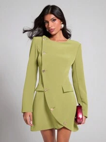 COSMINA Chic Green Mini Dress: Long Sleeve Asymmetrical Button Blazer Dress For Women,Business Casual Woman - Green - View 1