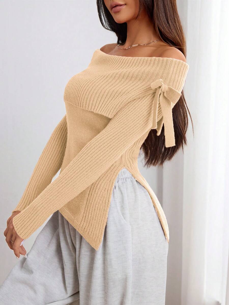 SHEIN Unity Women's Elegant Off Shoulder Split Knit Sweater, Casual For Autumn/Winter Knit Pullover Fall Sweater - Apricot - View 1