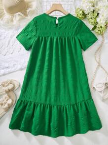 Tween Girl 粉色纹理面料舒适休闲宽松度假连衣裙 - 綠色 - 查看 2