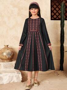 SHEIN Tween Girl Ramadan Casual Holiday Floral Print Long Sleeve Modest Crew Neck Dress, Suitable For All Occasions - Black - View 5