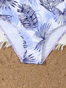 Tween Girl Solid Asymmetric Top With Plant Print Bottom Two Pieces Swimwear - Multicolor - View 5