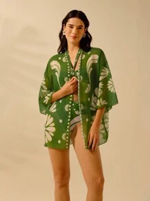 CAJUNI Women's Boho Green Tropical Print Casual Holiday Beach Swim Cover Up Kimono For Summer Beach Vacation