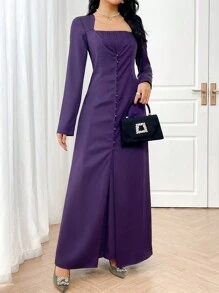 Modelyn Vestido morado de estilo árabe de manga larga y cuello cuadrado elegante y de unicolor para mujer - Morado - Ver 6