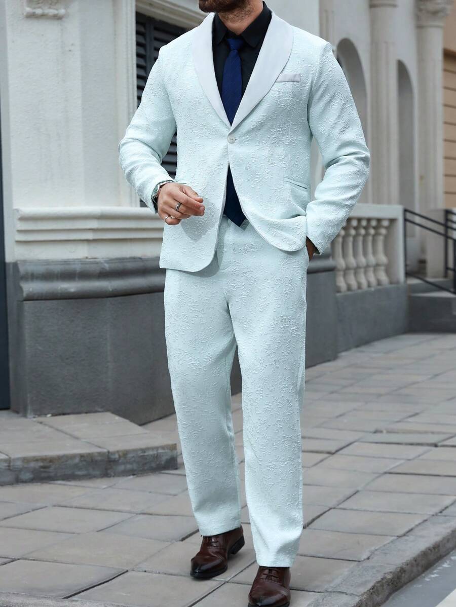 Manfinity Mode Plus Size Men's Front Button Long Sleeve Pocket Simple Top And Pants Suit Set - Mint Green - View 1