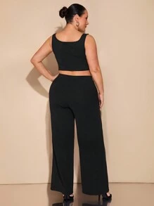 SHEIN BAE Traje de dos piezas de talla grande para mujer con chaleco negro con botones, con abertura lateral y pantalón de pierna ancha. Adecuado para citas, ocasiones formales, atuendos de viaje, Carnaval de Brasil, atuendos de Pascua, atuendos de festival rave, tops cortos, atuendos de San Valentín, conjuntos de San Valentín, conjuntos de mujeres para brunch, sexy, citas, fiestas, atuendos negros, conjuntos de verano para mujer, conjuntos de dos piezas de primavera/verano, atuendos de despedida de soltera, atuendos de oficina para mujer, atuendos de primavera para mujer