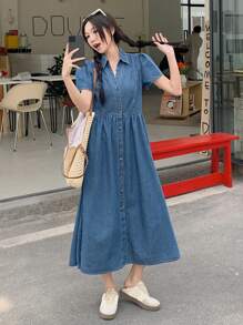 DAZY Đầm denim dài thường ngày xếp nếp tay ngắn cài nút phía trước cho nữ mùa hè - Màu xanh lam - Xem 8