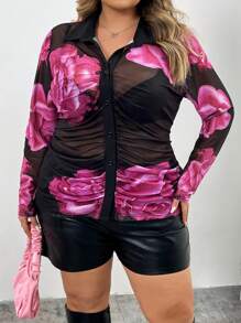 SHEIN CURVE+ Plus Size Casual Sexy V-Neck Open Front Long Sleeve Ruched Color Block Print Blouse For Autumn/Winter,Valentines,Rose,Heart,Polka Dot,Love,Lip,Cupid,3D Flower