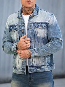 Manfinity Homme 男士前扣长袖口袋简约休闲牛仔夹克 - 淺色水洗藍 - 查看 6