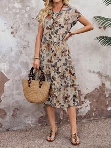 EMERY ROSE 女士花卉印花圆领短袖中长连衣裙，度假夏日风格
