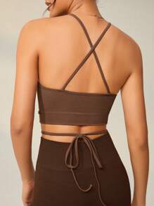 Seamluxe SHEIN Sport Women's Solid Color Round Neck Sleeveless Slim Fit Yoga Ribbed Sports Tank Top