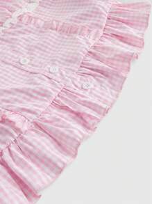 ROMWE Kawaii Áo cánh tay bồng kẻ caro viền bèo nhún Himekaji mùa hè cho nữ - Hồng - Xem 4