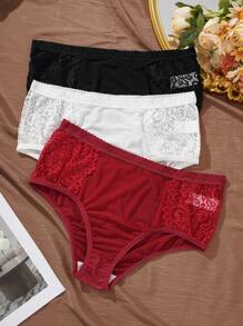 3pcs/Set Plus Size Lace Contrast Mesh Underwear Lingerie - Multicolor - View 4