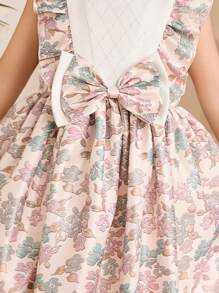 Glamorique Kids Young Girl Round Neck Floral Print Dress With Bow Decoration