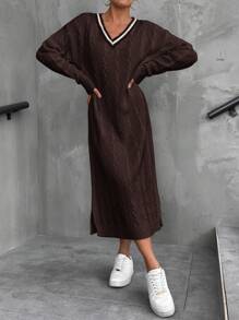 EURMUSE V-Neck Black Contrast Color Design Braided Pattern Maxi Women Dress - Chocolate Brown - View 4
