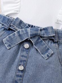 Tween Girl Fashionable Denim Skirt, Elegant & Comfortable Set, School, Campus, College Summer Holiday - White - View 8