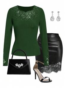 Gownix 女士花卉蕾丝饰边领口和袖口优雅休闲上衣 - 墨綠色 - 查看 2