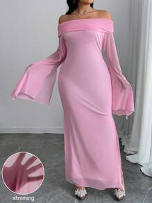 SHEIN Unity Abito elegante attillato a maniche lunghe e spalle scoperte con spacchi alti, "Amante Rosa di San Valentino" in taglie comode - Rosa - Visualizzare 3