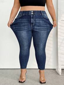 SHEIN CURVE+ Plus Size Women's Elastic Waist Design Washed Tight Denim Pants - Dark Wash - View 4