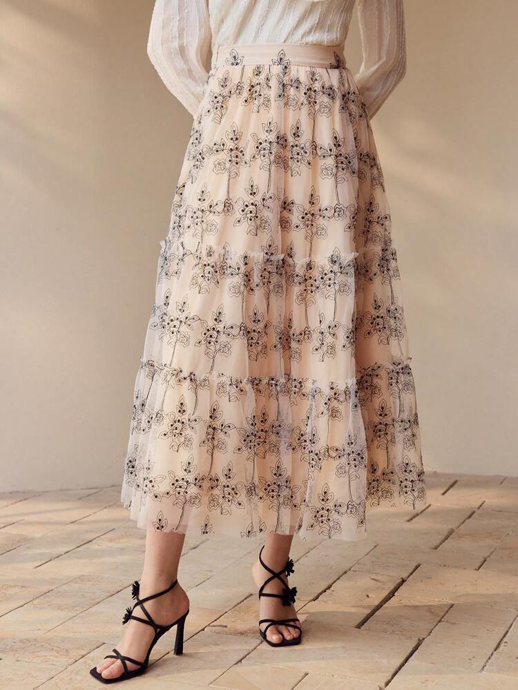 CONTRAST MESH RUFFLE HEM SKIRT